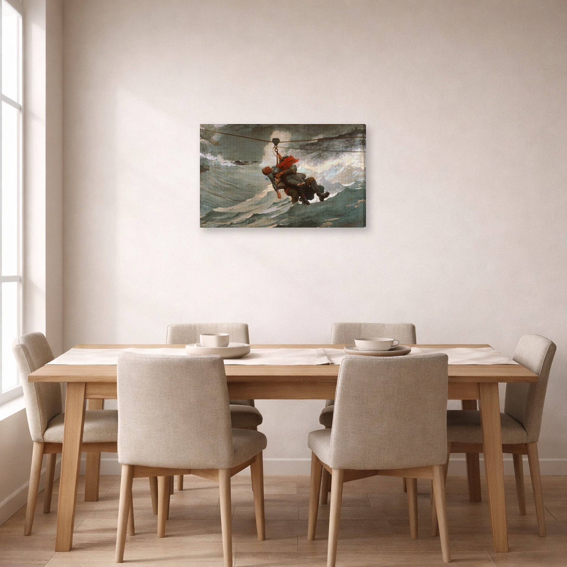 Gallery-wrapped canvas print of Winslow Homer's The Life Line displayed on a wall in a dining room