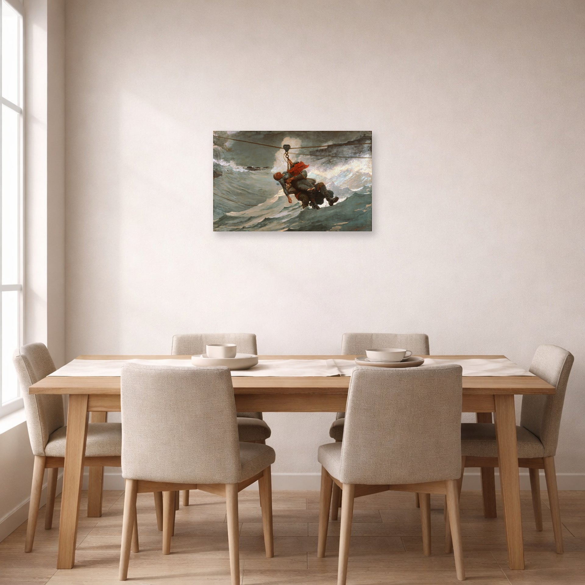 Unframed poster print of Winslow Homer's The Life Line displayed on a wall in a dining room