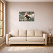 Unframed poster print of Winslow Homer's The Life Line displayed on a wall in a living room