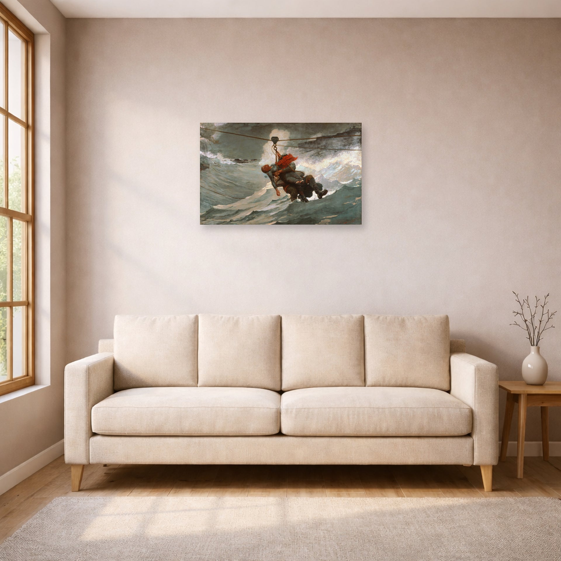 Unframed poster print of Winslow Homer's The Life Line displayed on a wall in a living room