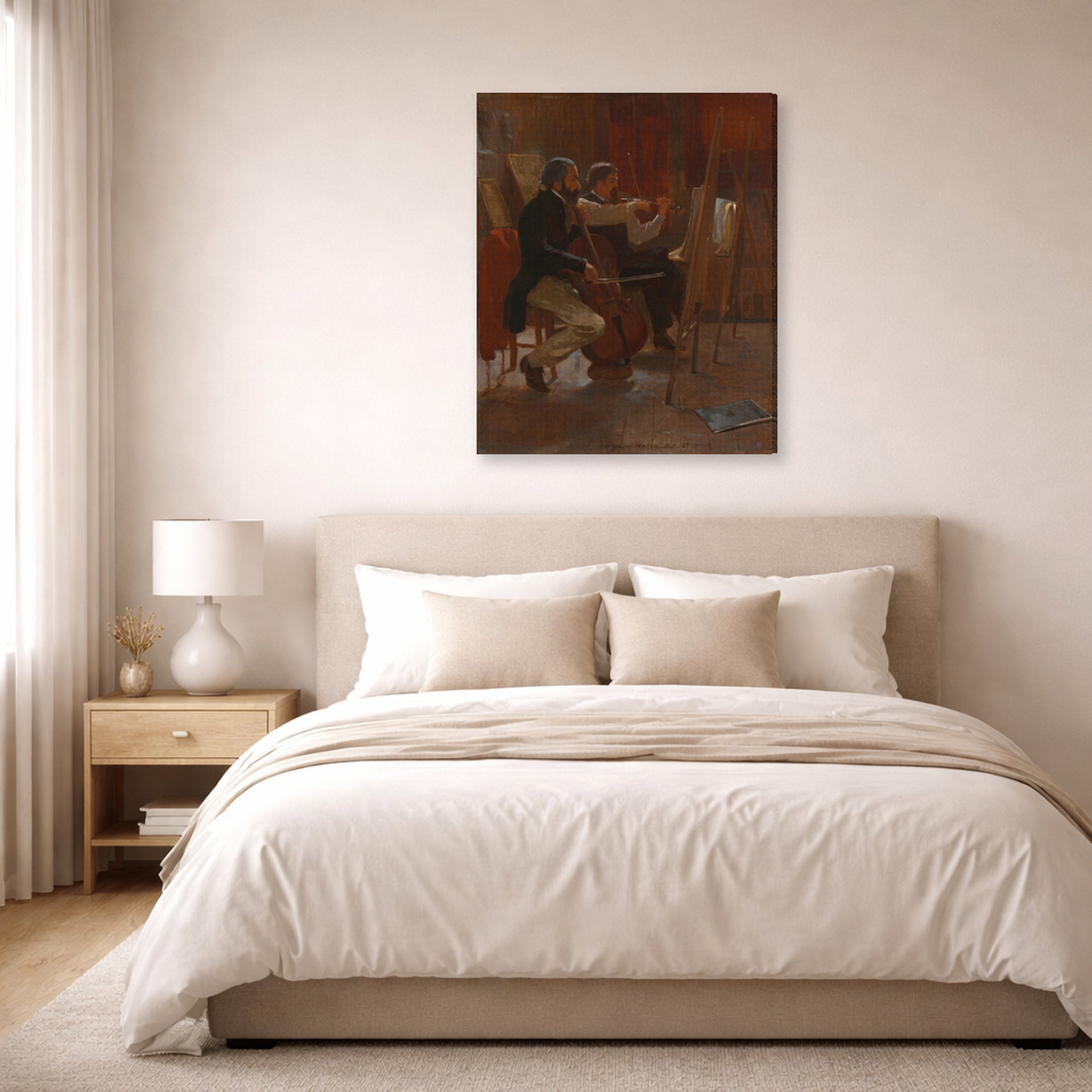 Gallery-wrapped canvas print of Winslow Homer's The Studio displayed on a wall in a bedroom