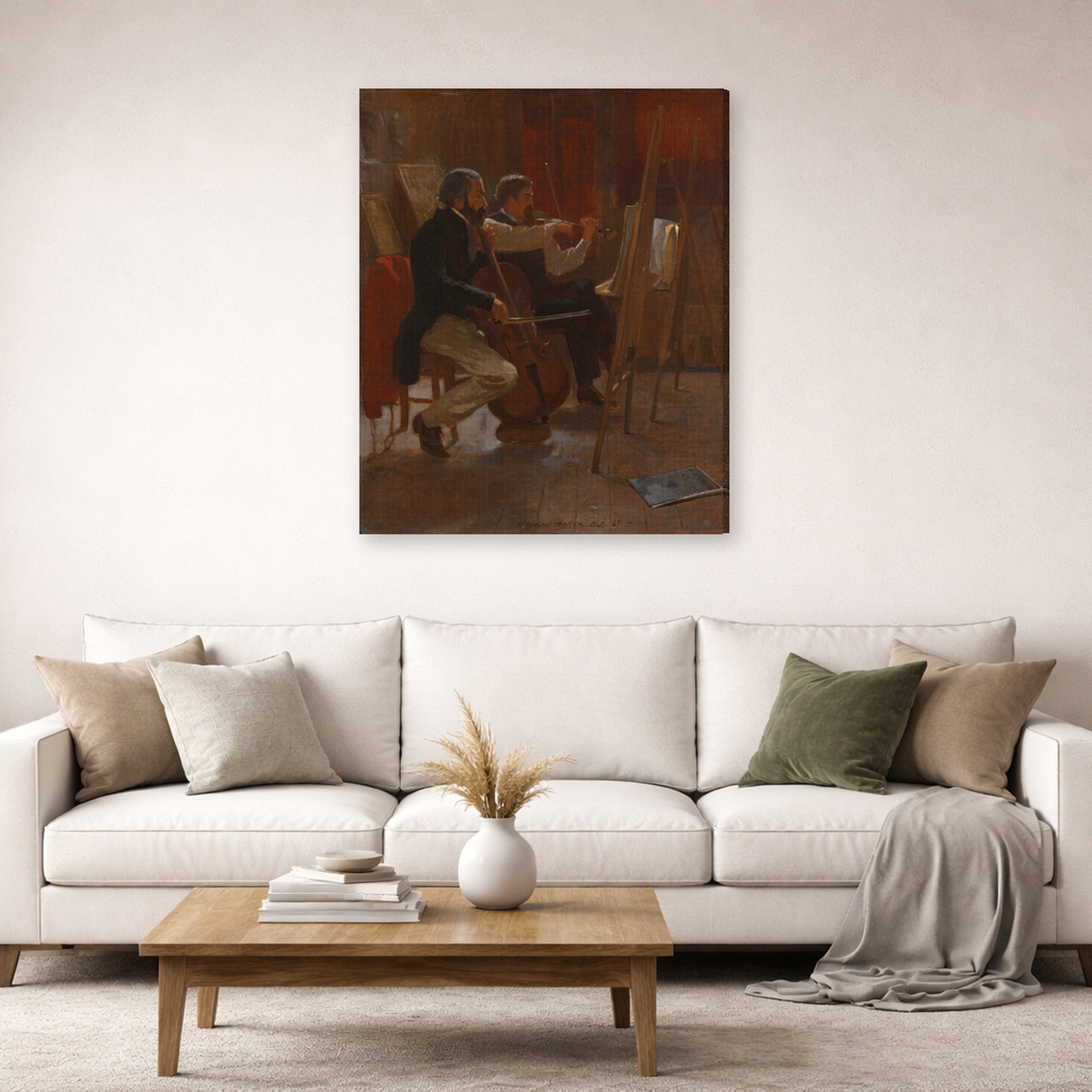 Gallery-wrapped canvas print of Winslow Homer's The Studio displayed on a wall in a living room