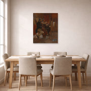 Unframed poster print of Winslow Homer's The Studio displayed on a wall in a dining room