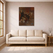 Unframed poster print of Winslow Homer's The Studio displayed on a wall in a living room