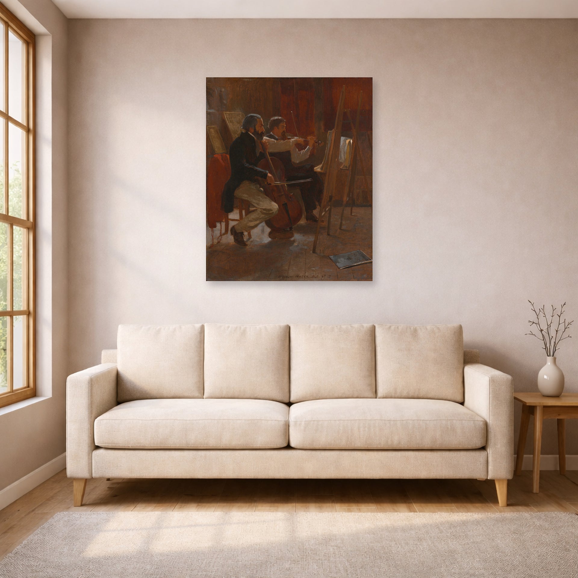 Unframed poster print of Winslow Homer's The Studio displayed on a wall in a living room