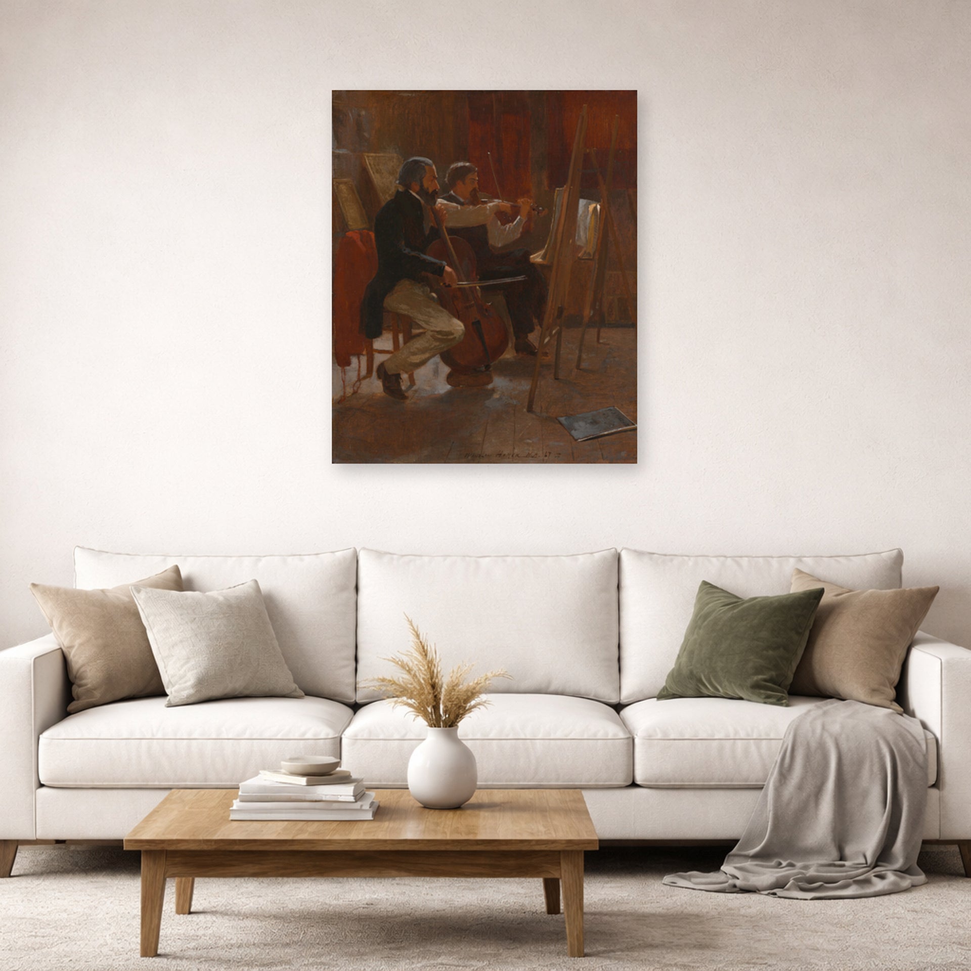 Unframed poster print of Winslow Homer's The Studio displayed on a wall in a living room