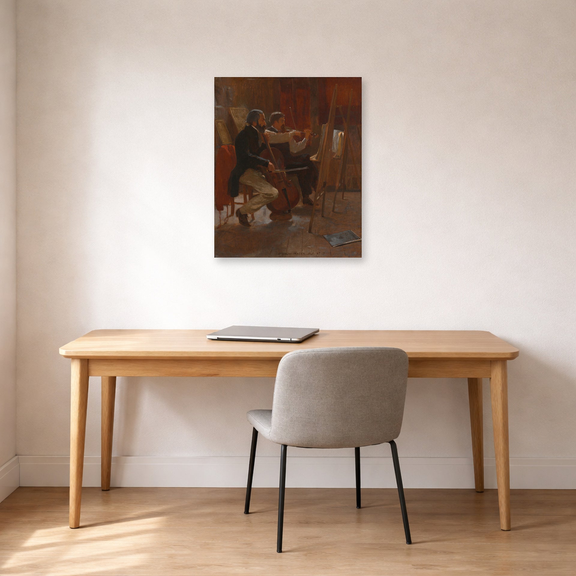 Unframed poster print of Winslow Homer's The Studio displayed on a wall in an office