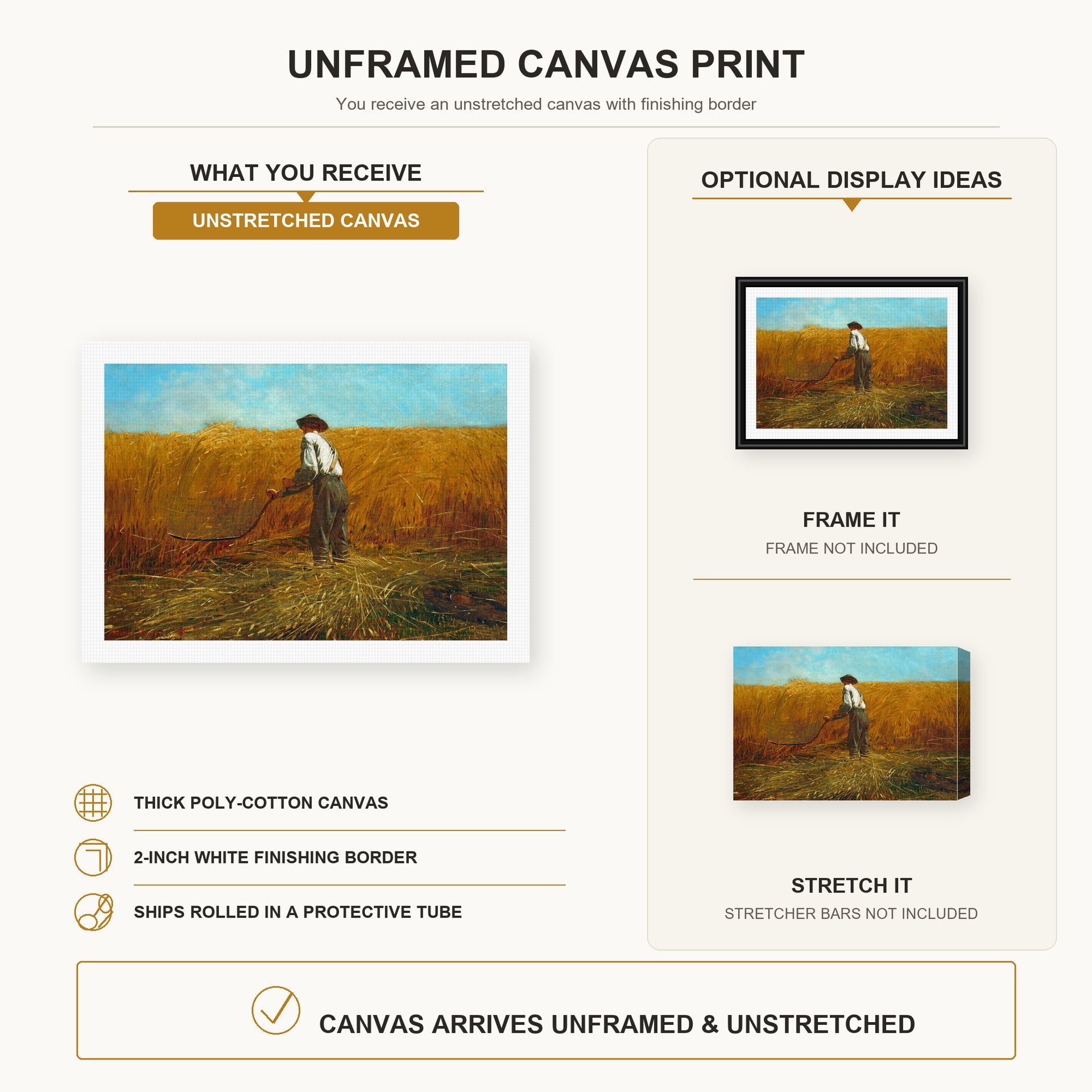 Winslow Homer - The Veteran in a New Field canvas print size comparison and framing display infographic