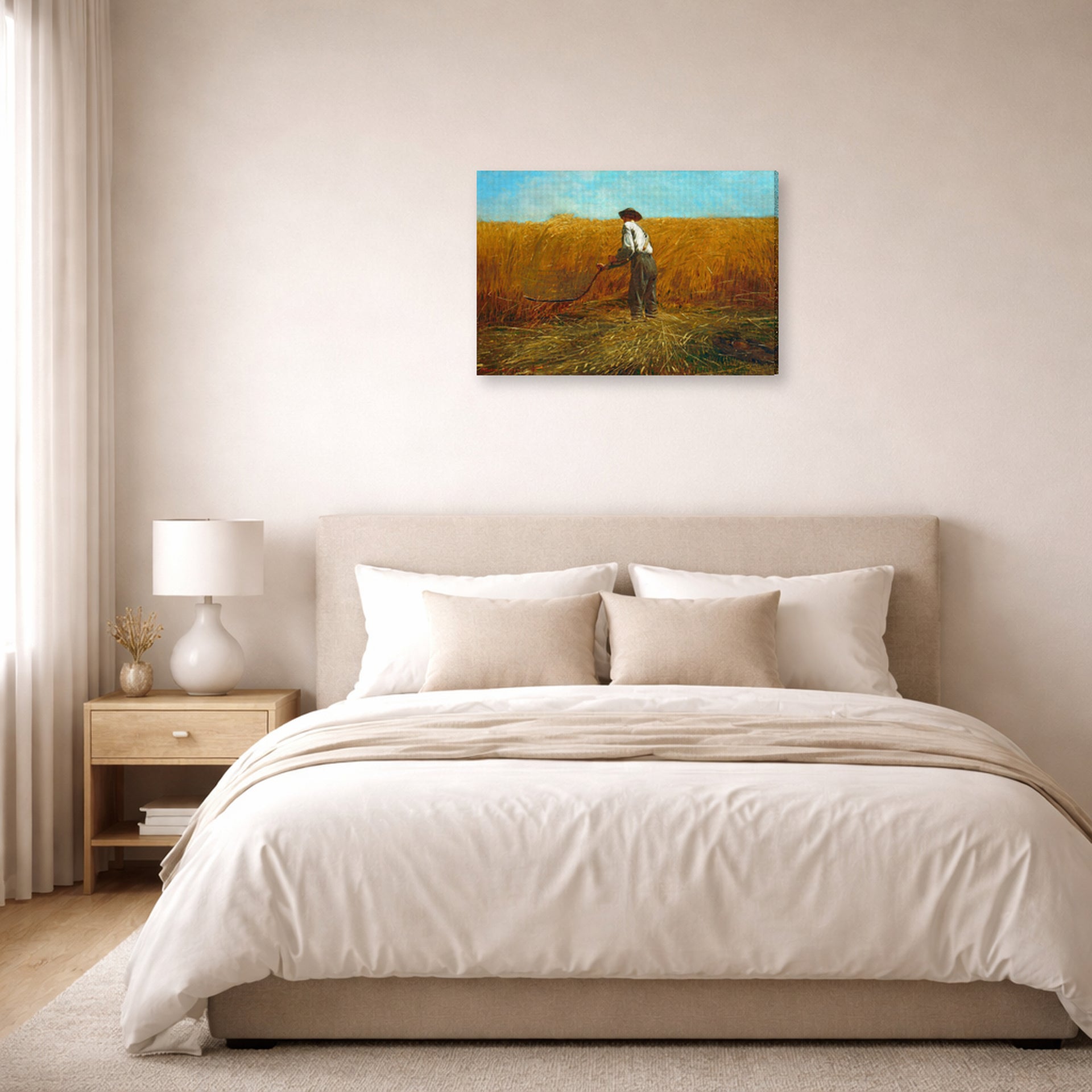Gallery-wrapped canvas print of Winslow Homer's The Veteran in a New Field displayed on a wall in a bedroom