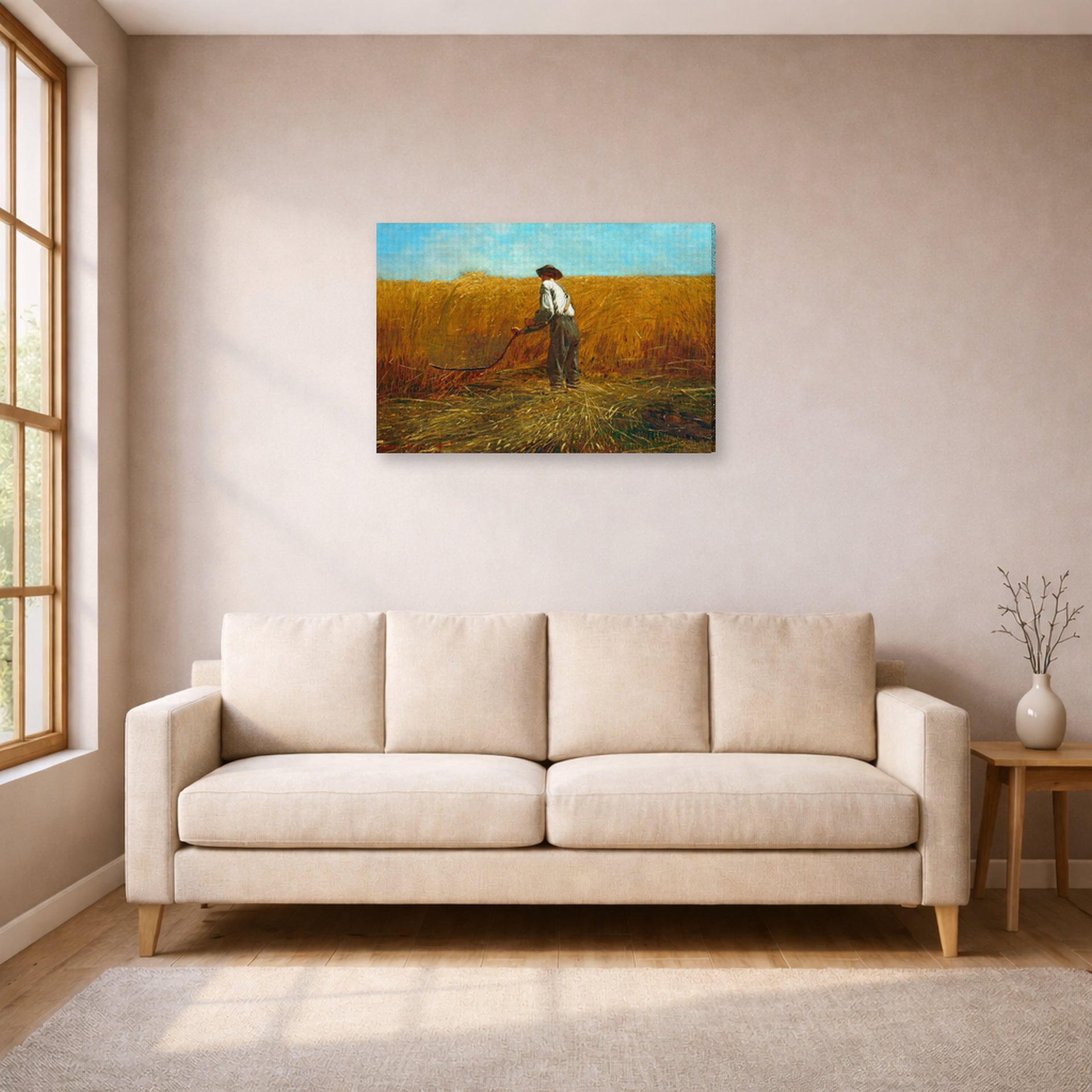 Gallery-wrapped canvas print of Winslow Homer's The Veteran in a New Field displayed on a wall in a living room