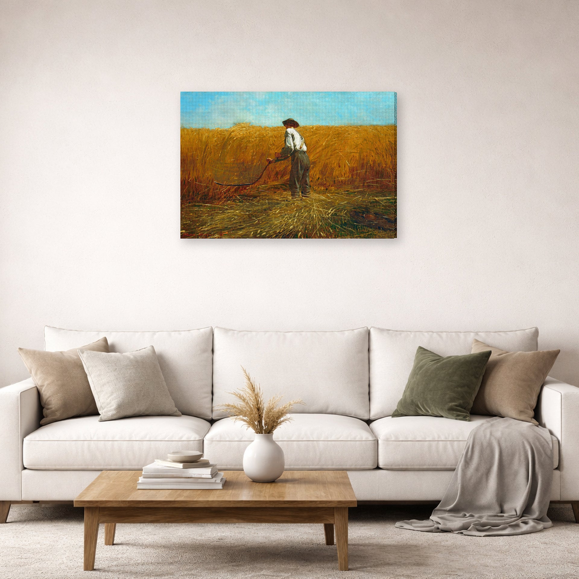Gallery-wrapped canvas print of Winslow Homer's The Veteran in a New Field displayed on a wall in a living room