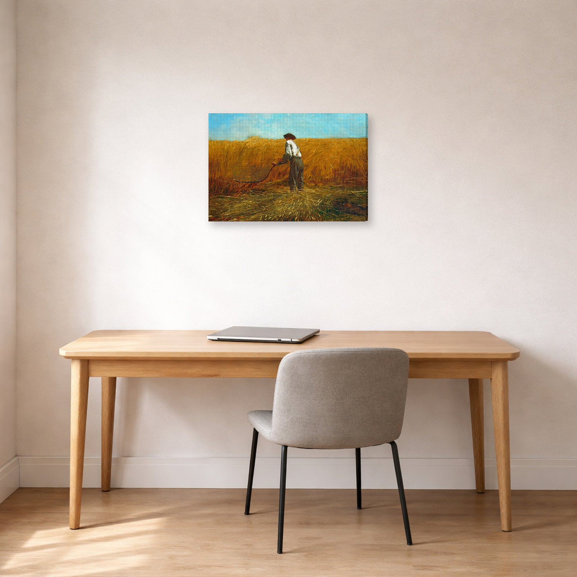 Gallery-wrapped canvas print of Winslow Homer's The Veteran in a New Field displayed on a wall in an office
