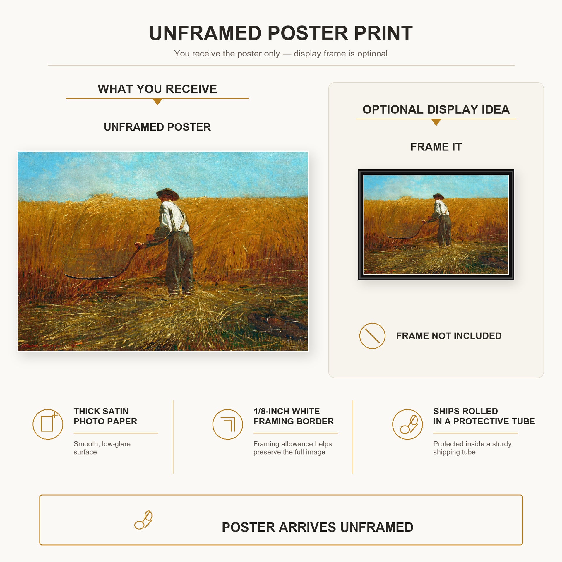 Winslow Homer - The Veteran in a New Field poster print size comparison and framing display infographic