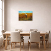 Unframed poster print of Winslow Homer's The Veteran in a New Field displayed on a wall in a dining room