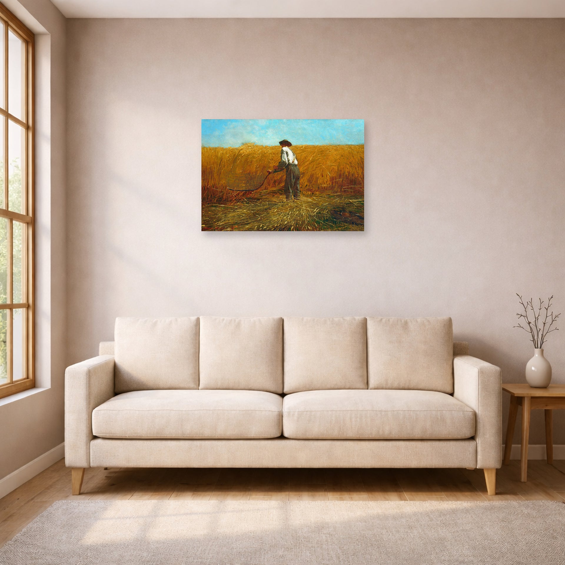 Unframed poster print of Winslow Homer's The Veteran in a New Field displayed on a wall in a living room