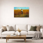 Unframed poster print of Winslow Homer's The Veteran in a New Field displayed on a wall in a living room