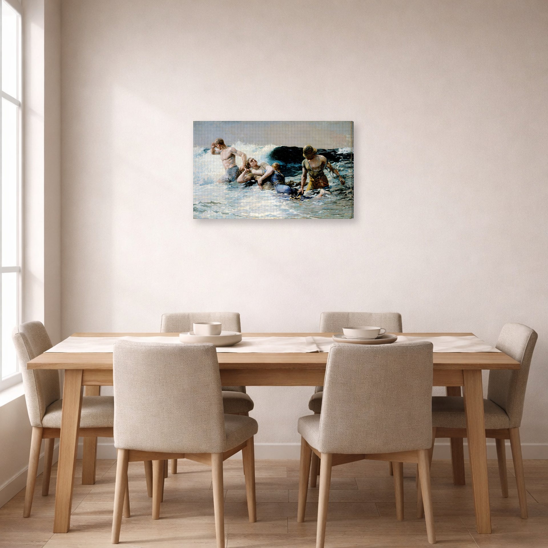 Gallery-wrapped canvas print of Winslow Homer's Undertow displayed on a wall in a dining room