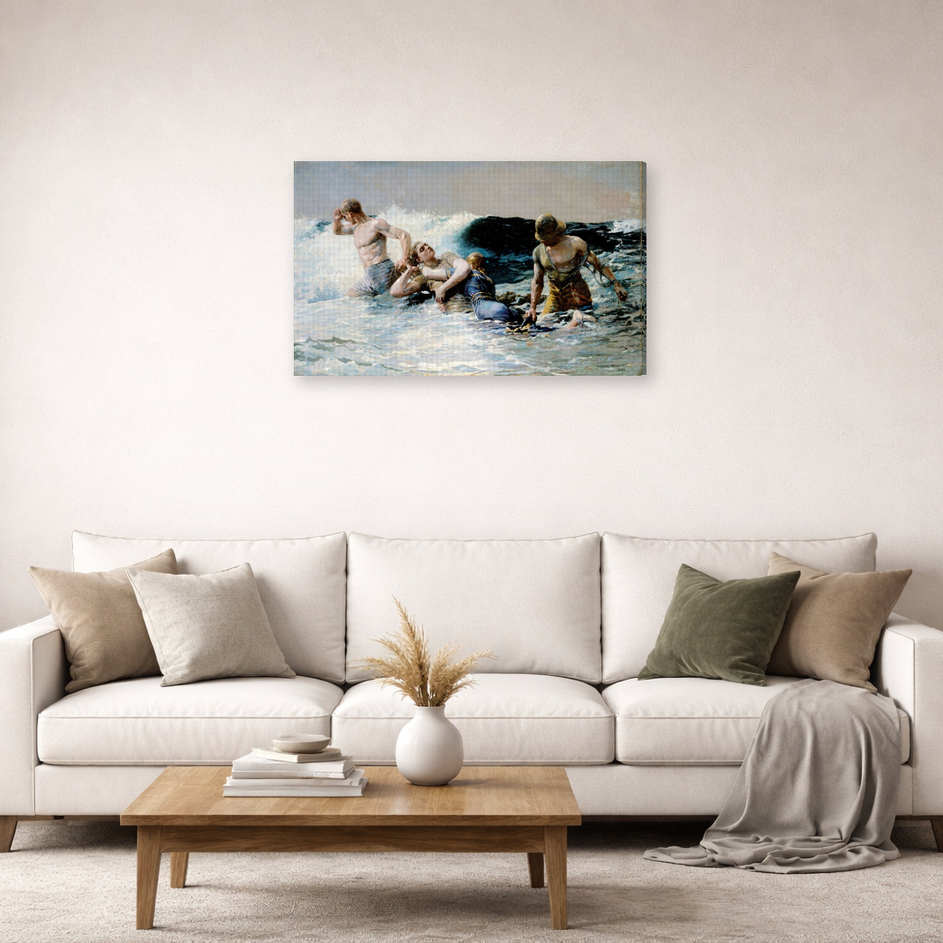 Gallery-wrapped canvas print of Winslow Homer's Undertow displayed on a wall in a living room
