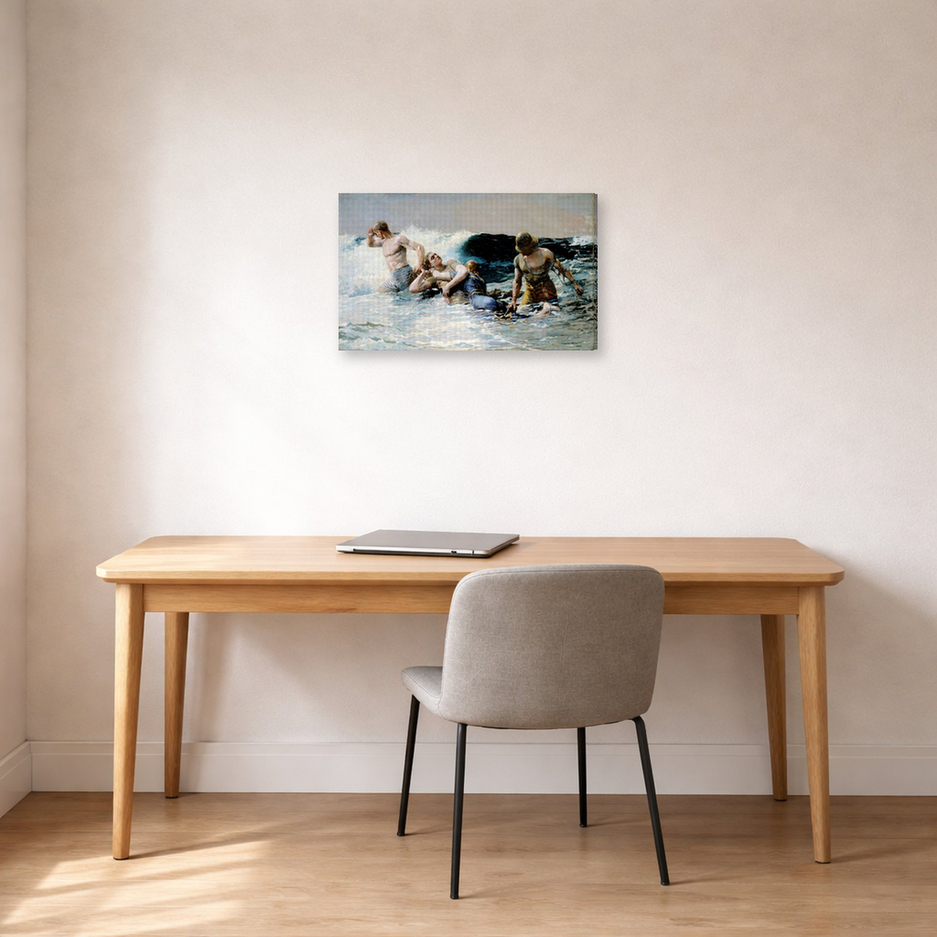 Gallery-wrapped canvas print of Winslow Homer's Undertow displayed on a wall in an office