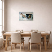 Unframed poster print of Winslow Homer's Undertow displayed on a wall in a dining room