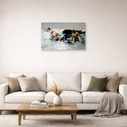 Unframed poster print of Winslow Homer's Undertow displayed on a wall in a living room