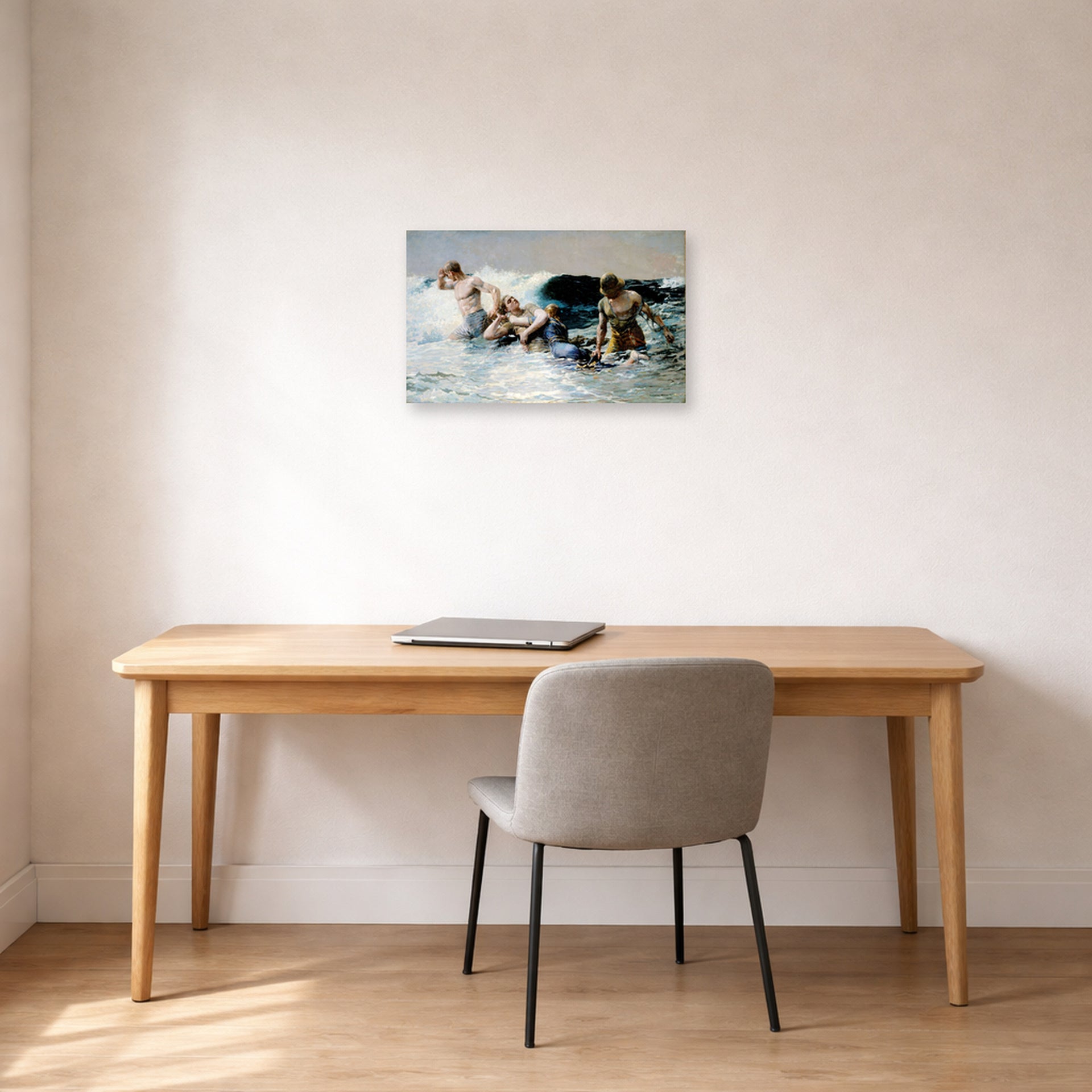 Unframed poster print of Winslow Homer's Undertow displayed on a wall in an office