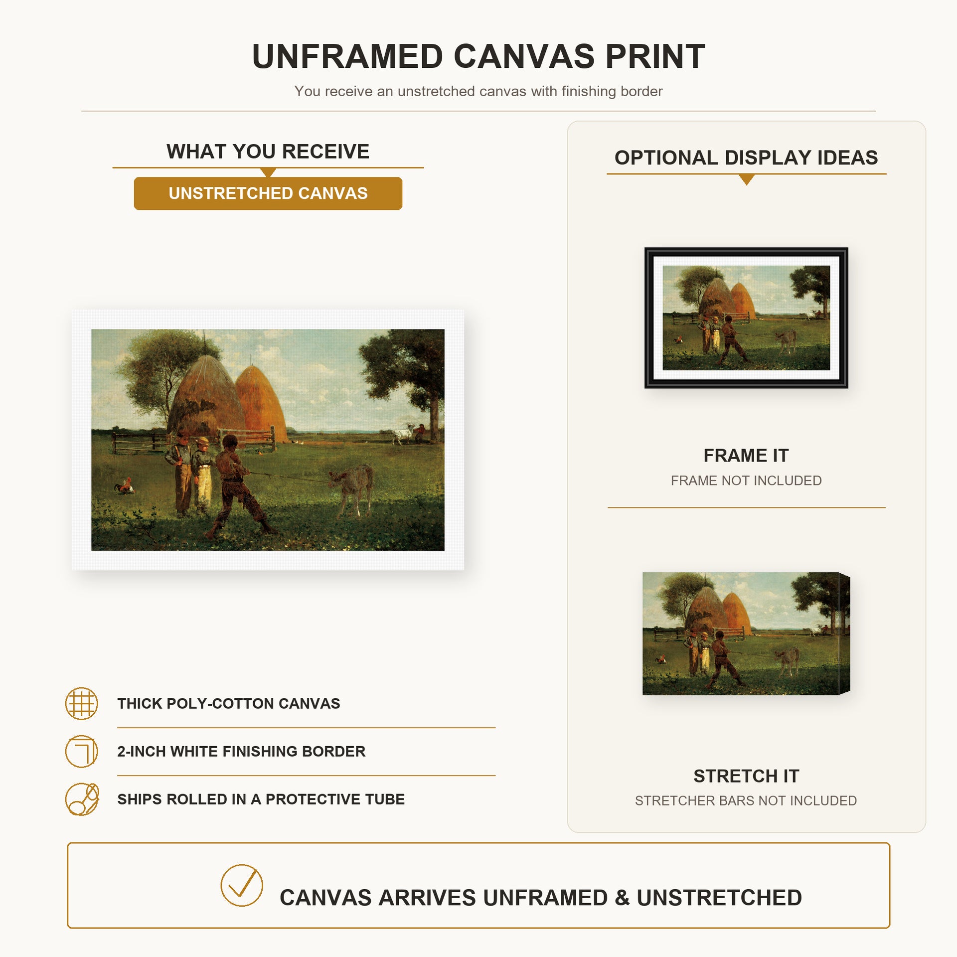 Winslow Homer - Weaning the Calf canvas print size comparison and framing display infographic