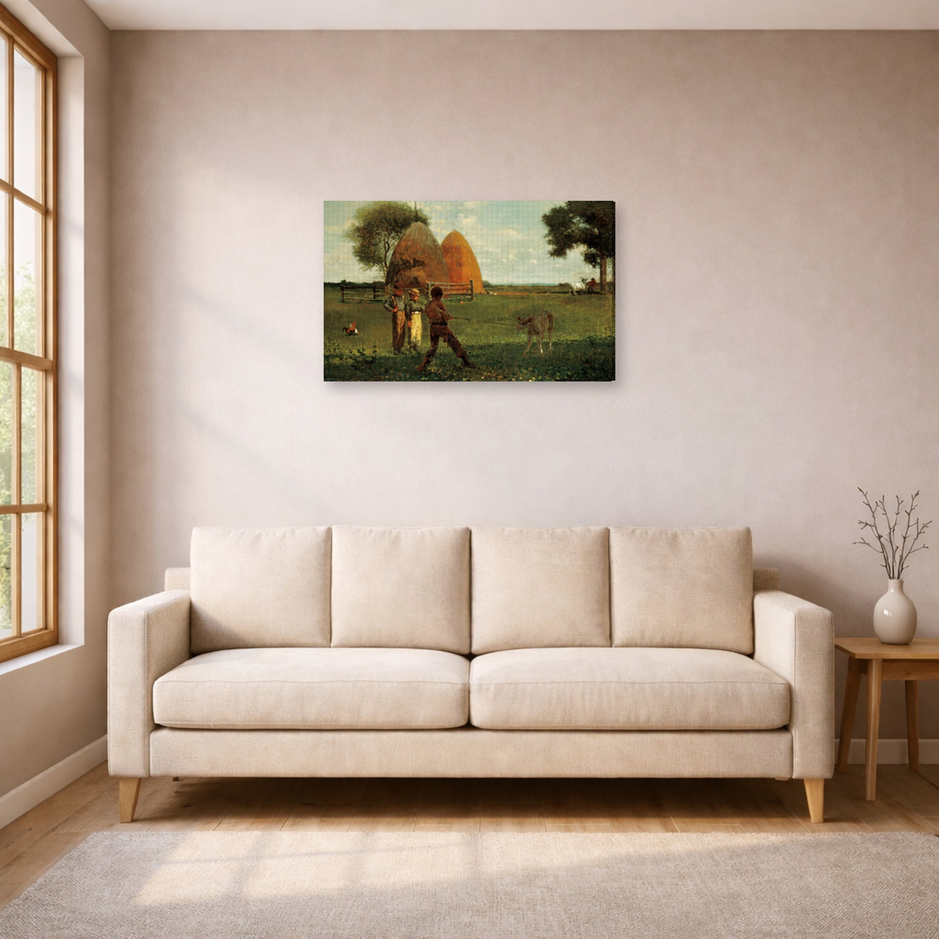 Gallery-wrapped canvas print of Winslow Homer's Weaning the Calf displayed on a wall in a living room