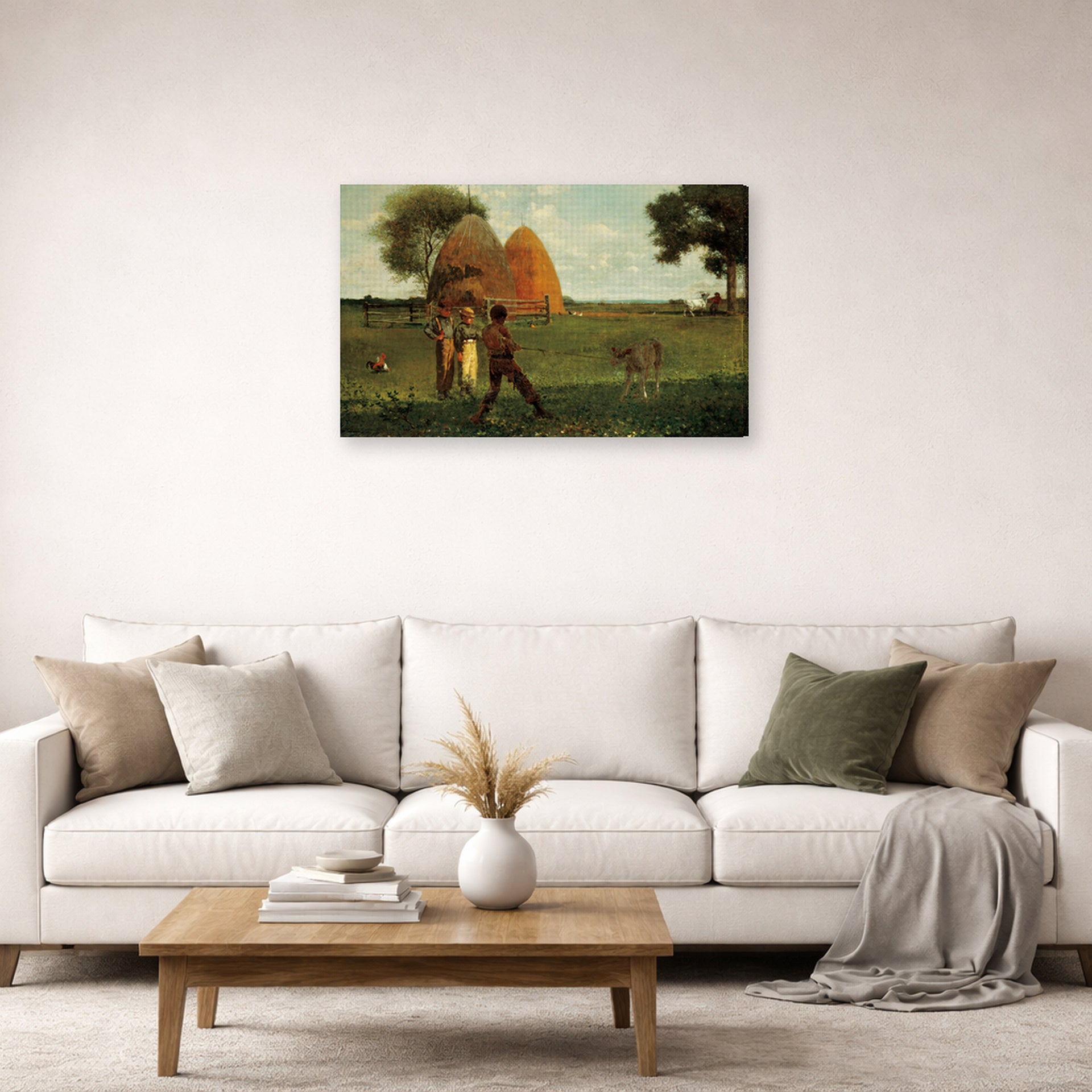 Gallery-wrapped canvas print of Winslow Homer's Weaning the Calf displayed on a wall in a living room