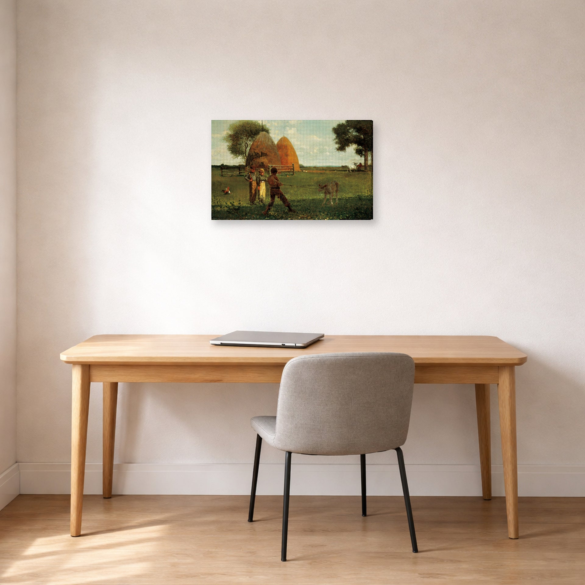 Gallery-wrapped canvas print of Winslow Homer's Weaning the Calf displayed on a wall in an office