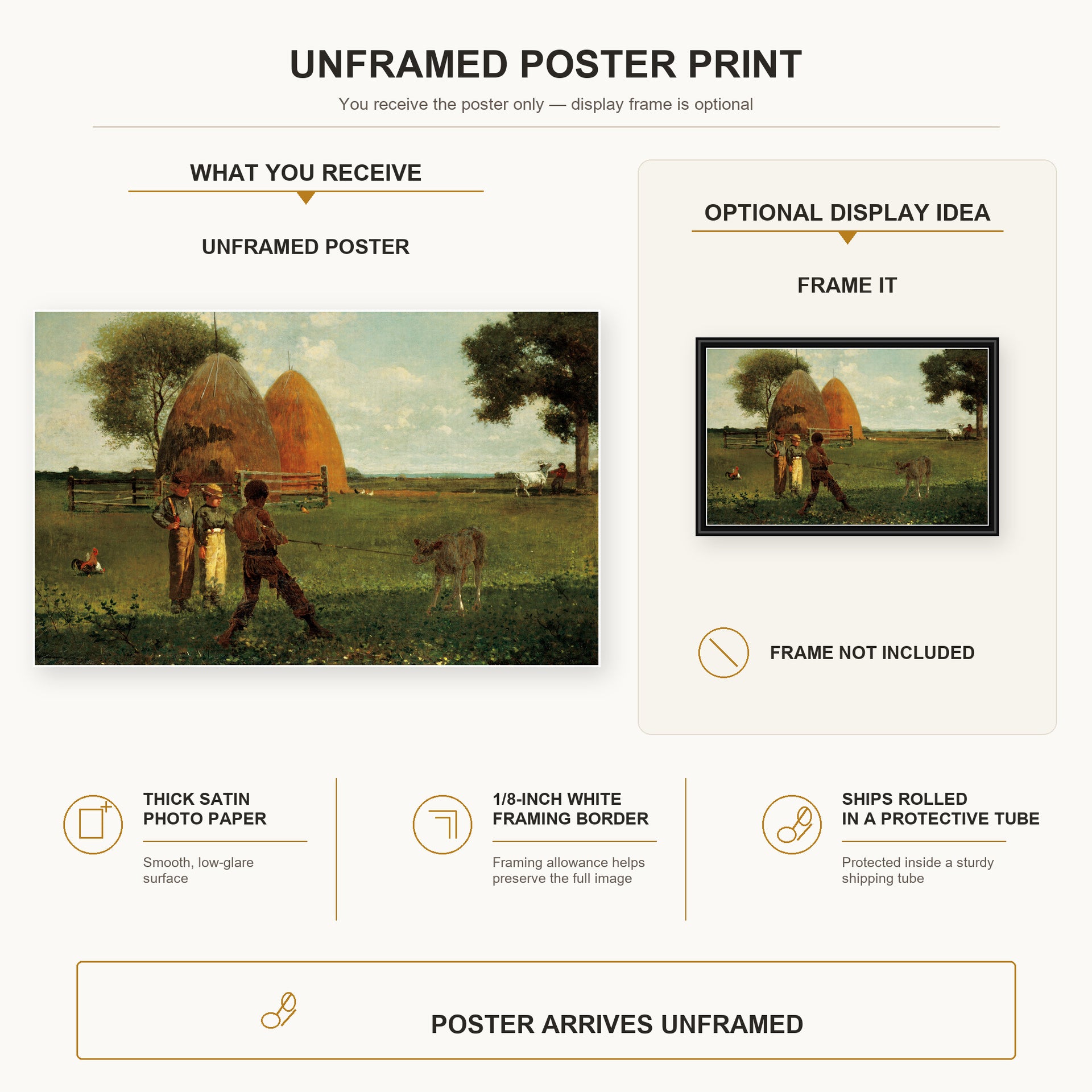 Winslow Homer - Weaning the Calf poster print size comparison and framing display infographic