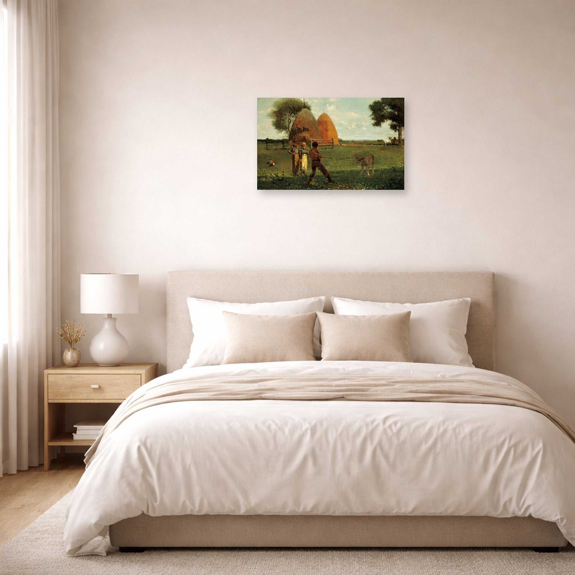 Unframed poster print of Winslow Homer's Weaning the Calf displayed on a wall in a bedroom