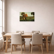 Unframed poster print of Winslow Homer's Weaning the Calf displayed on a wall in a dining room