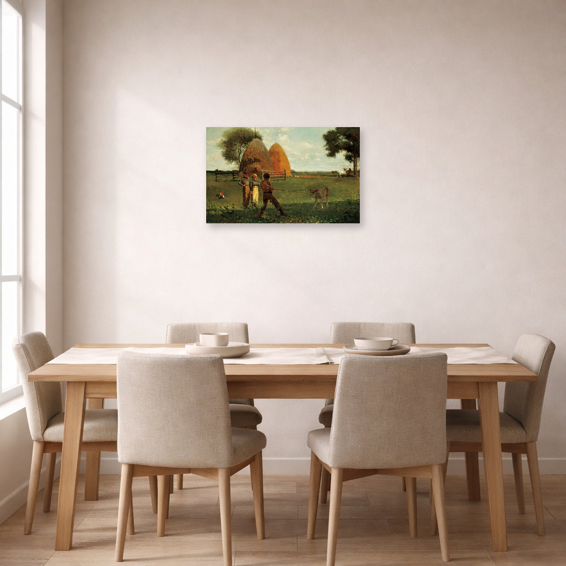 Unframed poster print of Winslow Homer's Weaning the Calf displayed on a wall in a dining room