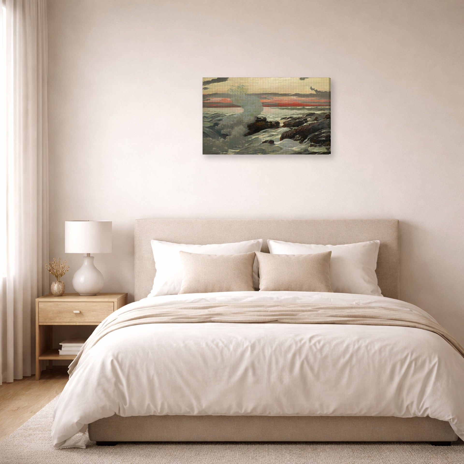 Gallery-wrapped canvas print of Winslow Homer's West Point, Prout's Neck displayed on a wall in a bedroom