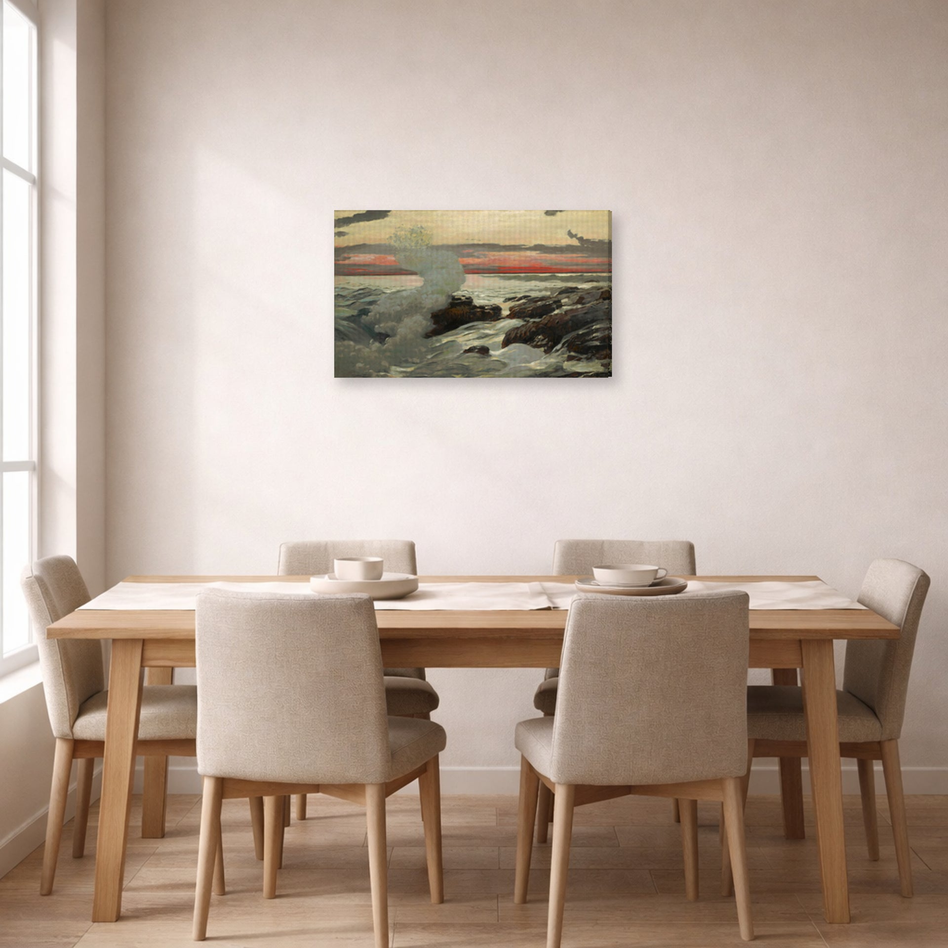 Gallery-wrapped canvas print of Winslow Homer's West Point, Prout's Neck displayed on a wall in a dining room