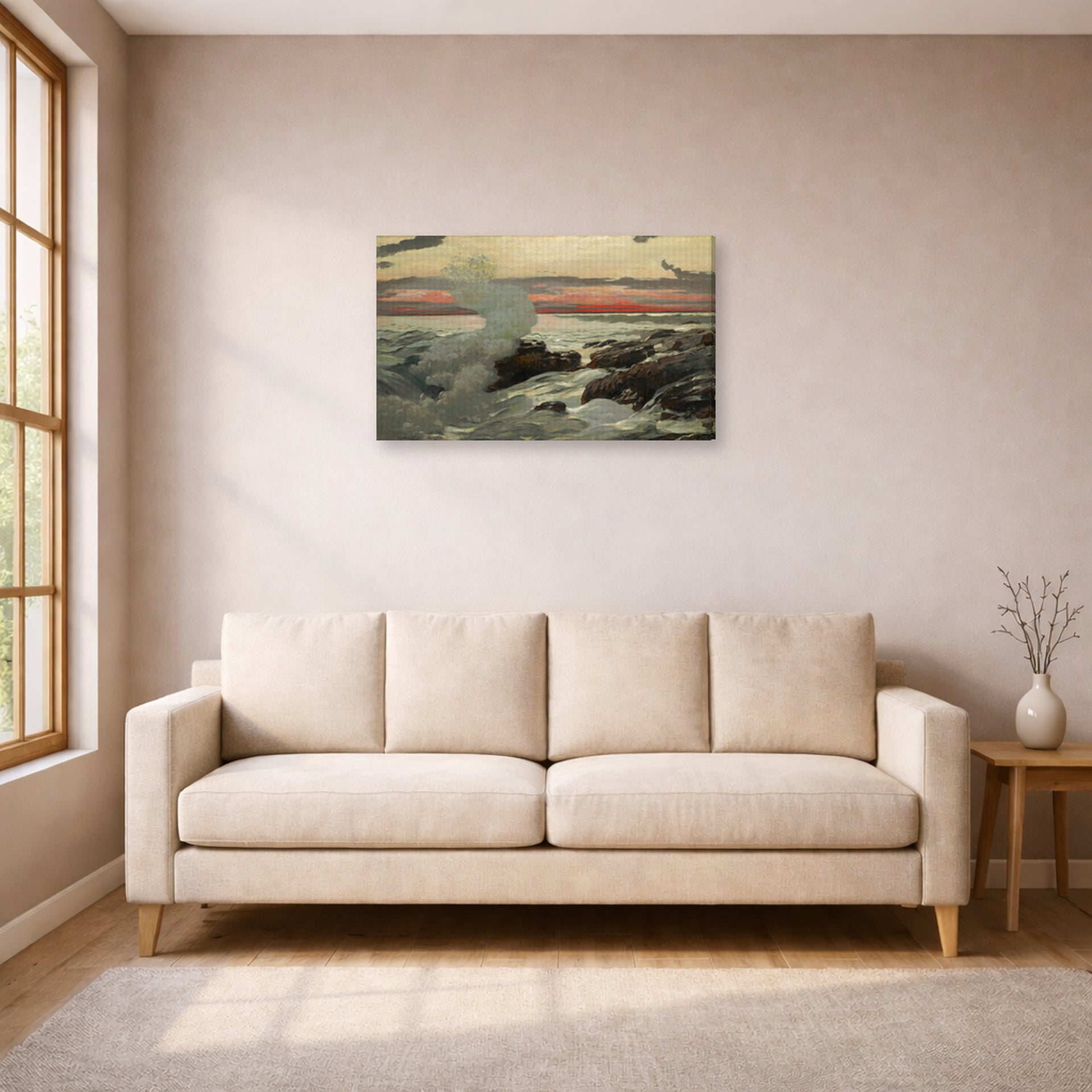Gallery-wrapped canvas print of Winslow Homer's West Point, Prout's Neck displayed on a wall in a living room