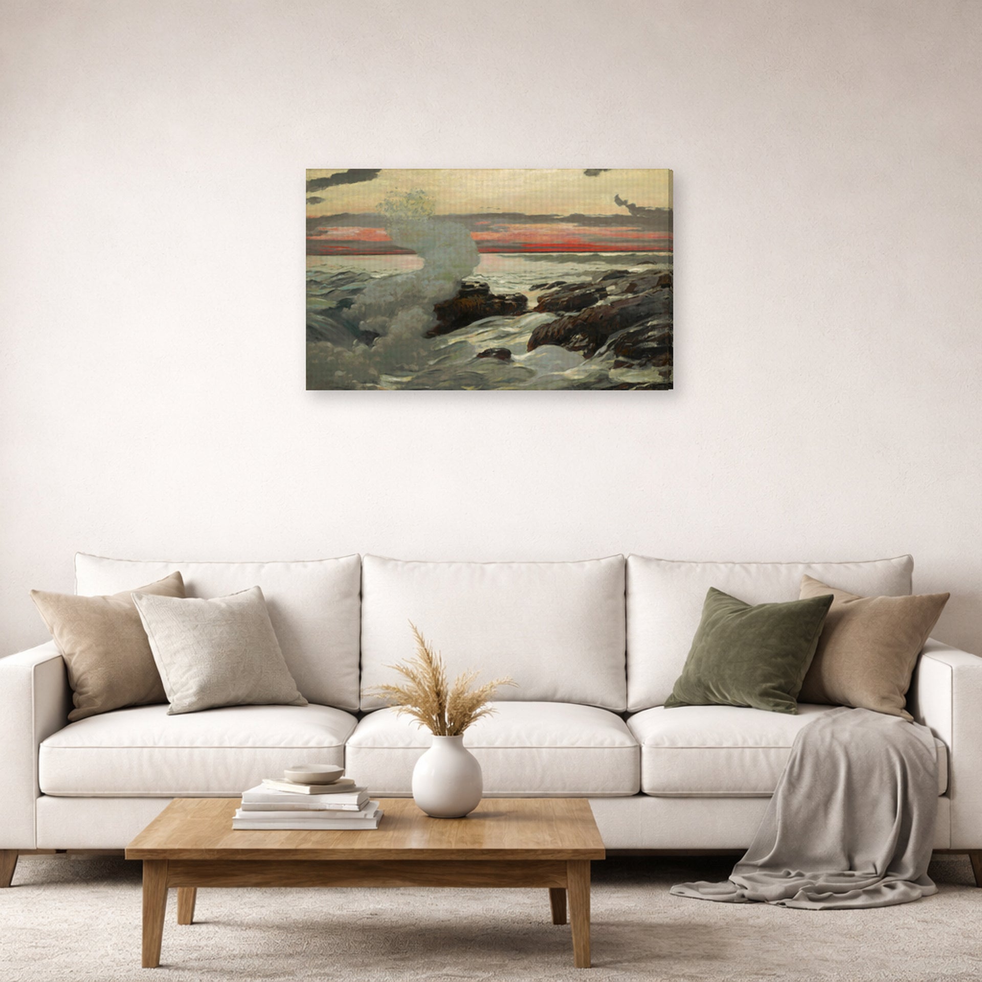 Gallery-wrapped canvas print of Winslow Homer's West Point, Prout's Neck displayed on a wall in a living room