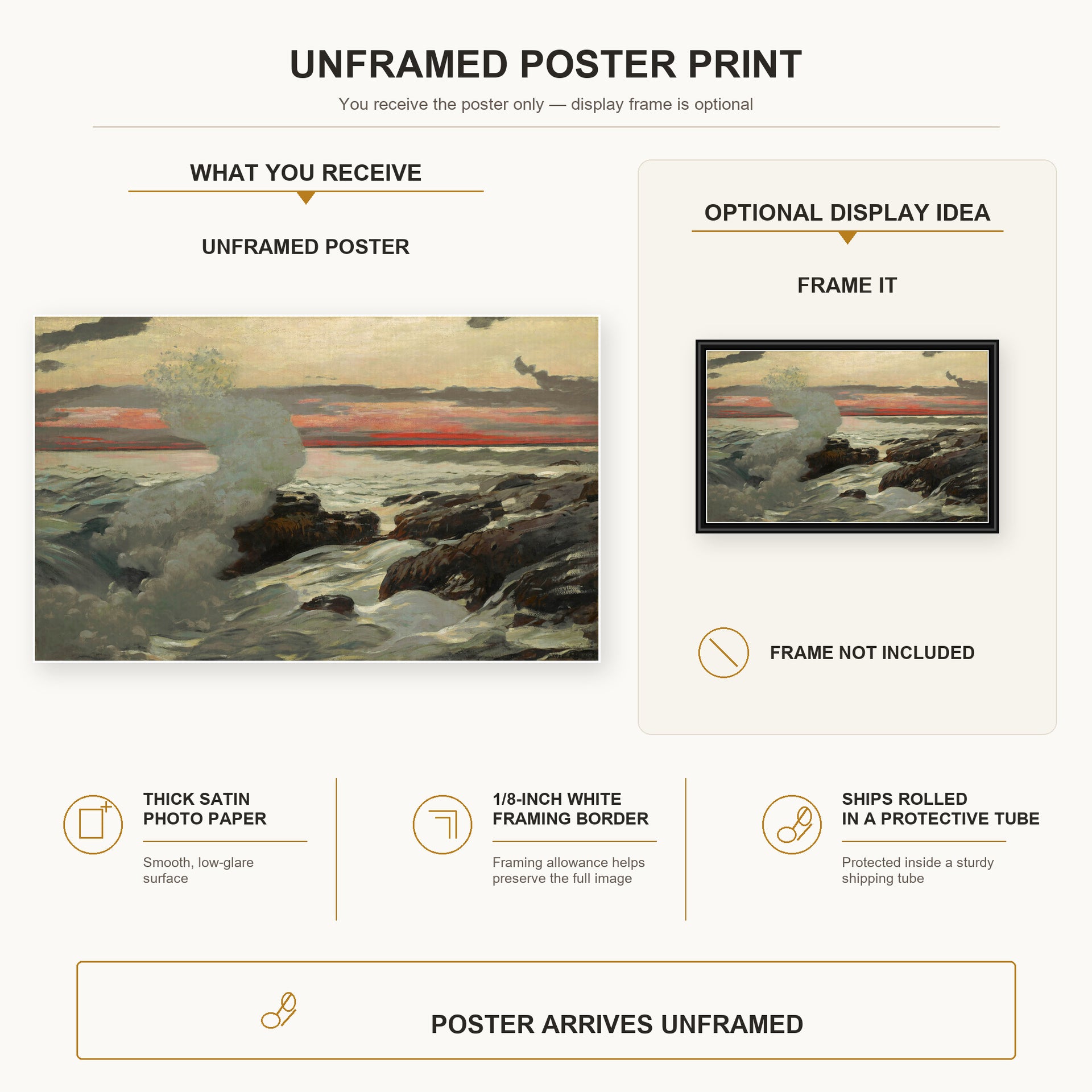 Winslow Homer - West Point, Prout's Neck poster print size comparison and framing display infographic