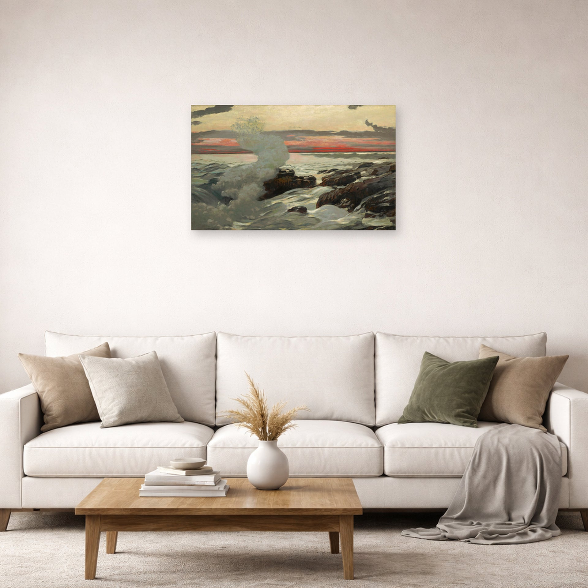 Unframed poster print of Winslow Homer's West Point, Prout's Neck displayed on a wall in a living room