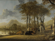 Aelbert Cuyp - A Landscape with horseman, herders and cattle