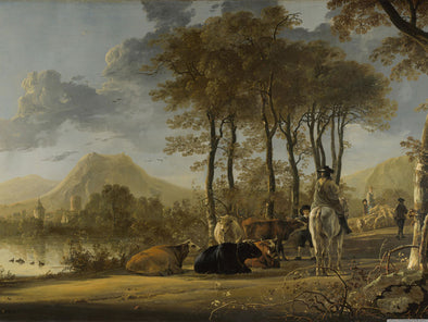 Aelbert Cuyp - A Landscape with horseman, herders and cattle