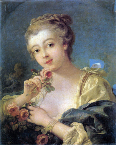 François Boucher - Young Woman with a Bouquet of Roses