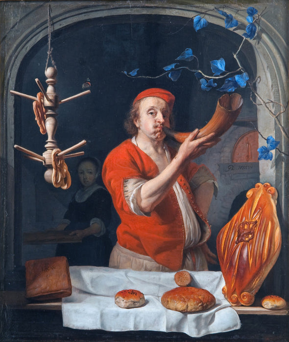 Gabriël Metsu - A Baker Blowing His Horn