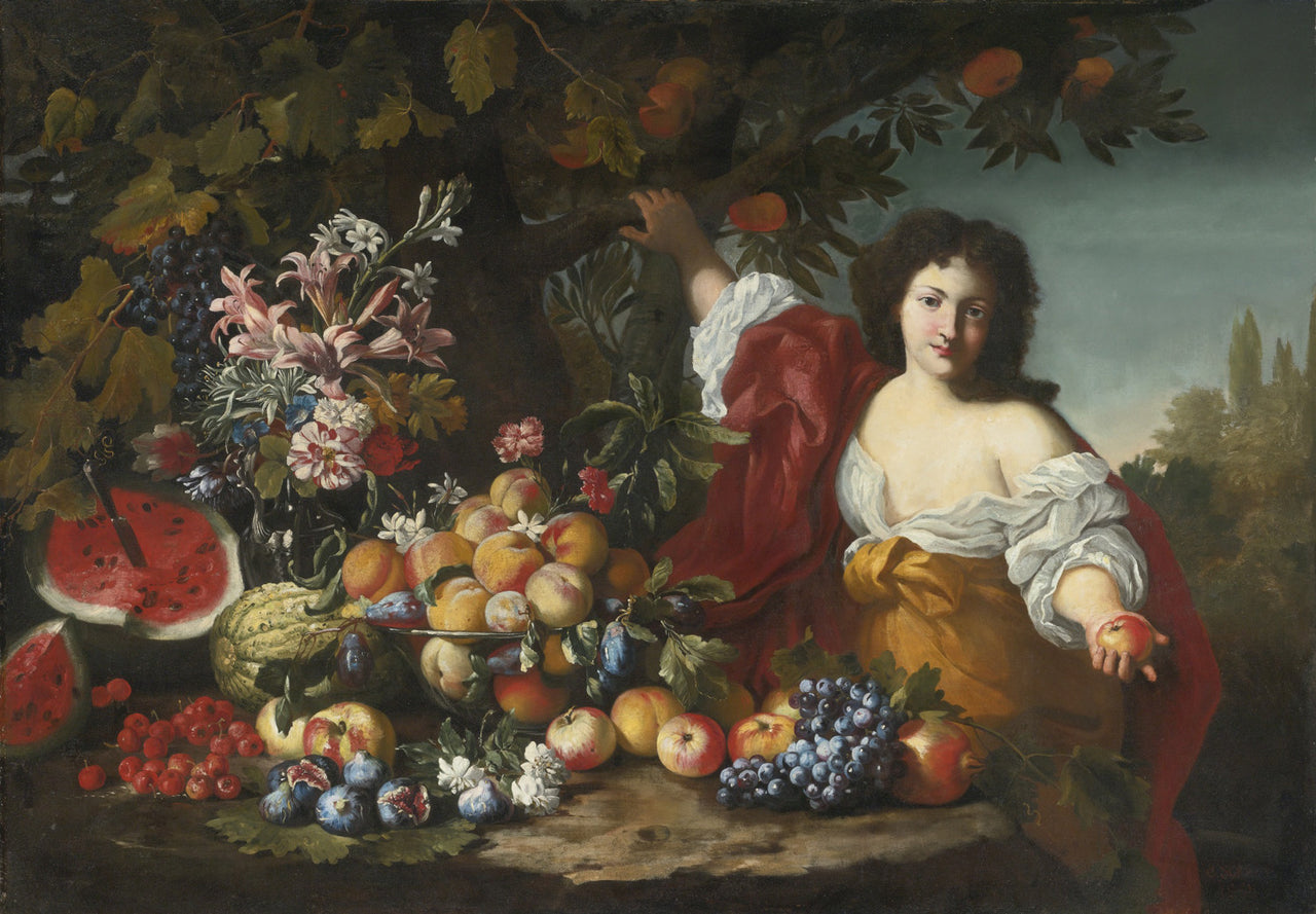 Guillaume Courtois - Still Life of Fruits and Flowers with a Figure-Reproduction-Get Custom Art