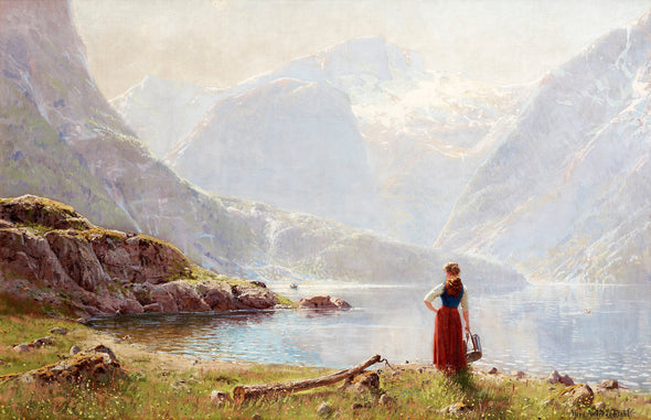 Hans Dahl - A young girl by a fjord
