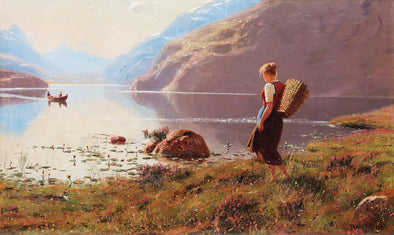 Hans Dahl - Fjord Landscape with Walking Girl
