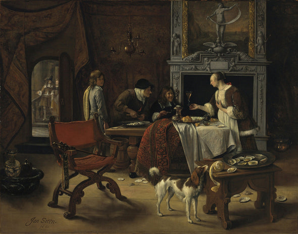 Jan Steen - Easy come, easy go the artist eating oysters in an interior