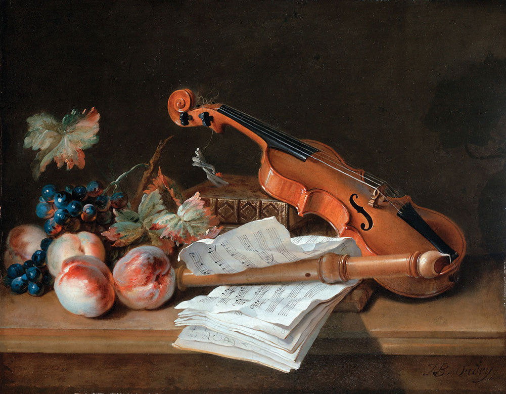 Jean-Baptiste Oudry - Still Life with a Violin, a Recorder, Books, a Portfolio of Sheet of Music, Peaches and Grapes on a Table Top-Reproduction-Get Custom Art