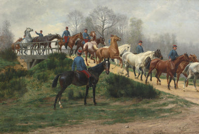 Jean Richard Goubie - Soldiers Leading Horses over a Bridge